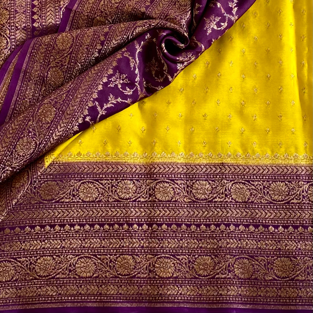 Lemon Yellow Banarasi Crepe Silk Saree With Royal Purple Pallu
