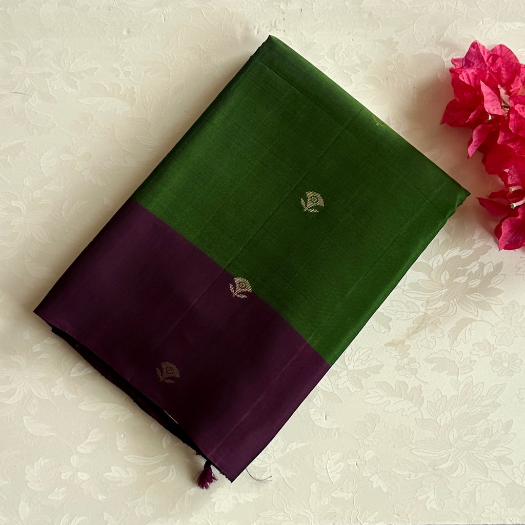 Emerald Green Purple Silk Saree Gold Brocade Floral Buttas Traditional