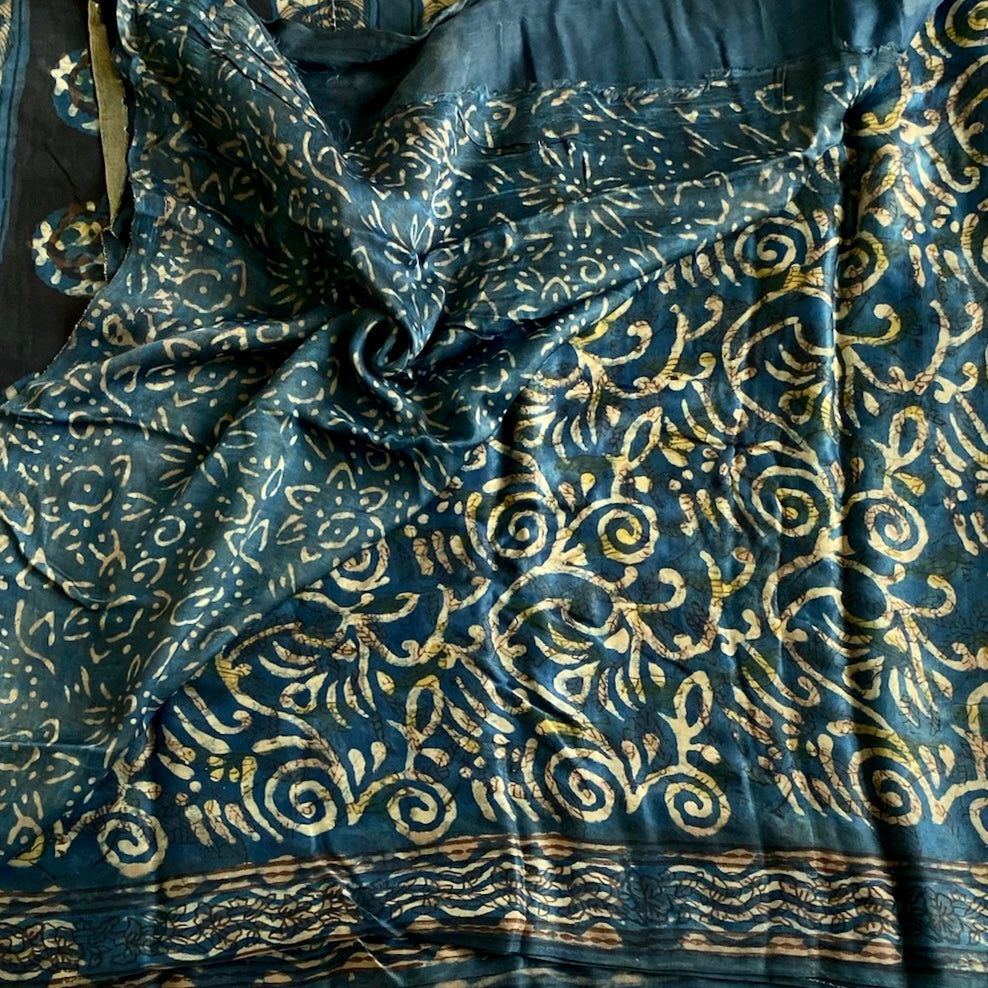 Ajrakh Handblock Printed Silk Saree Teal Blue With Antique Gold