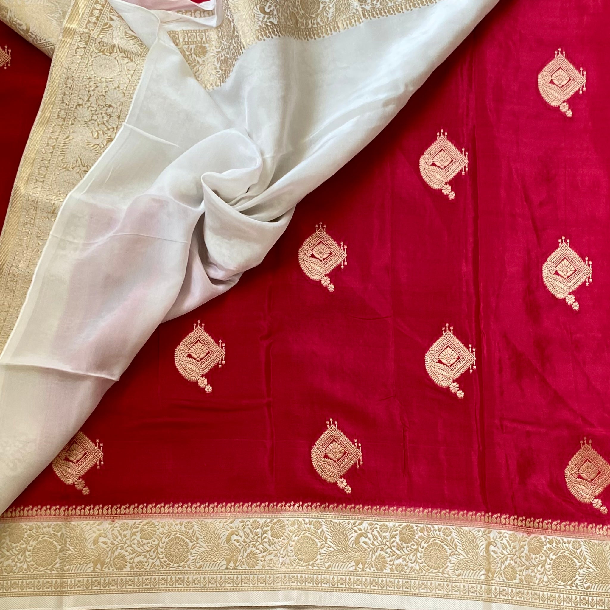 Cherry pinkish red with pearl designer soft crepe silk