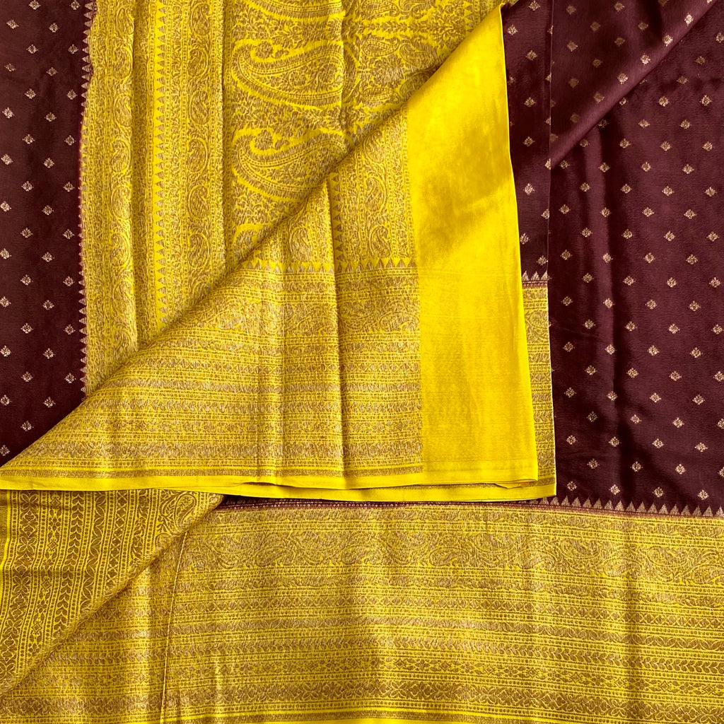 Deep Maroon & Mustard Yellow Banarasi Crepe Silk Saree With Zari Buttas