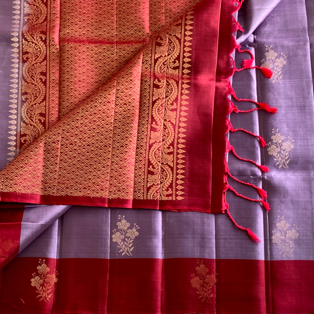 Metallic Lavender Designer Pure Silk Saree With Deep Magenta Pallu