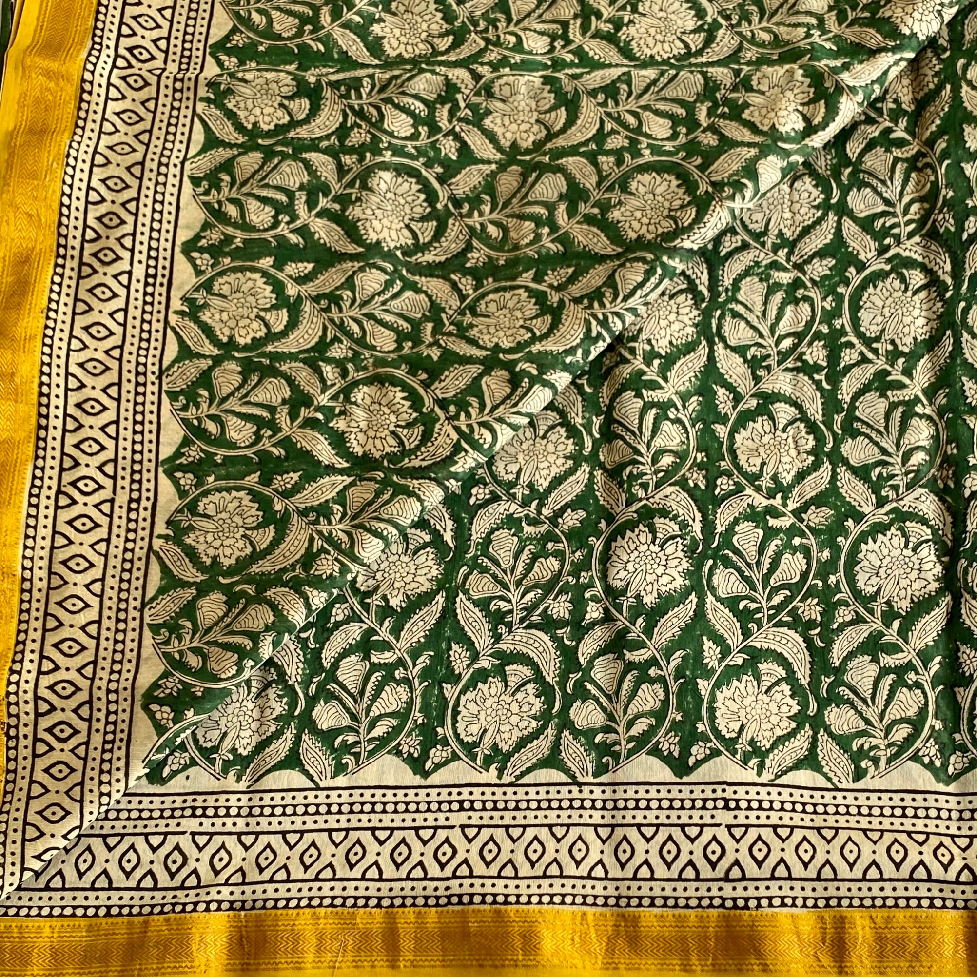 Forest Green Soft Tussar Silk Saree With Mustard Yellow Pallu Gold Border