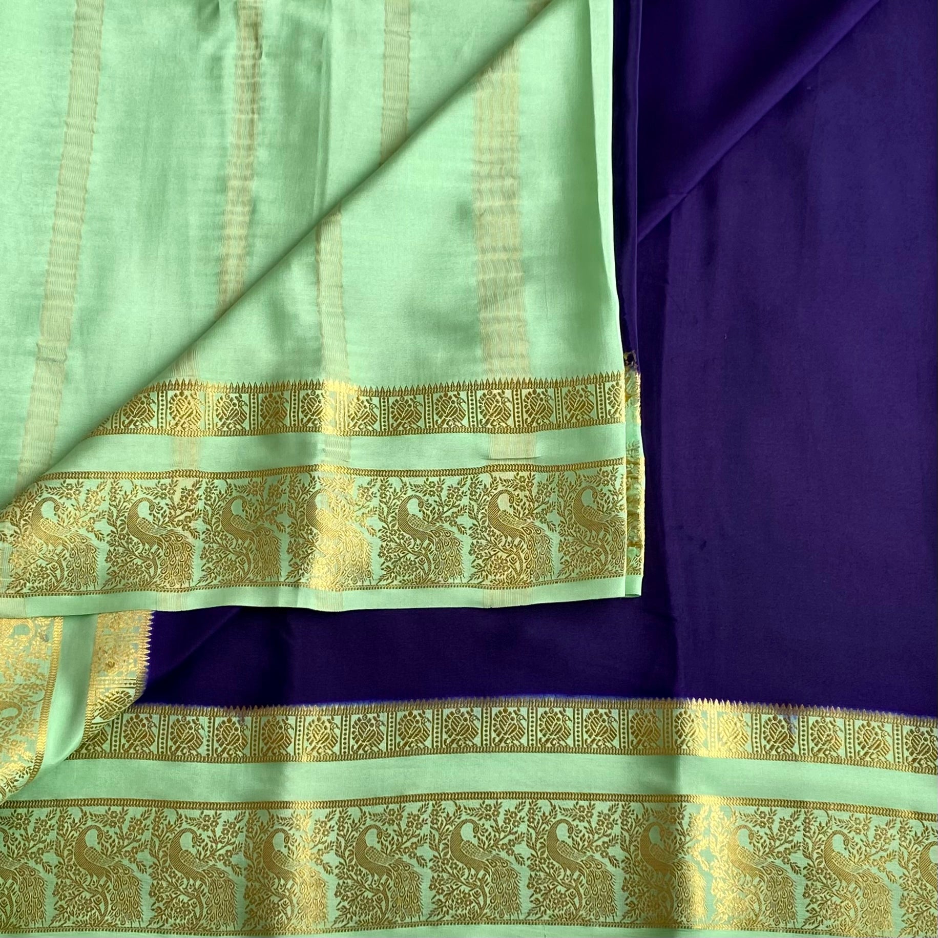 Midnight Navy Mysore Crepe Silk Saree With Mint Green Pallu