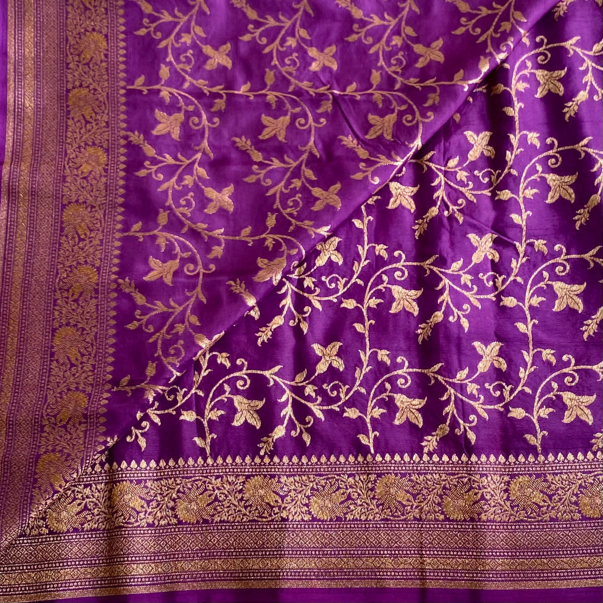 Royal Purple Banarasi Crepe Silk Saree With Antique Gold Zari