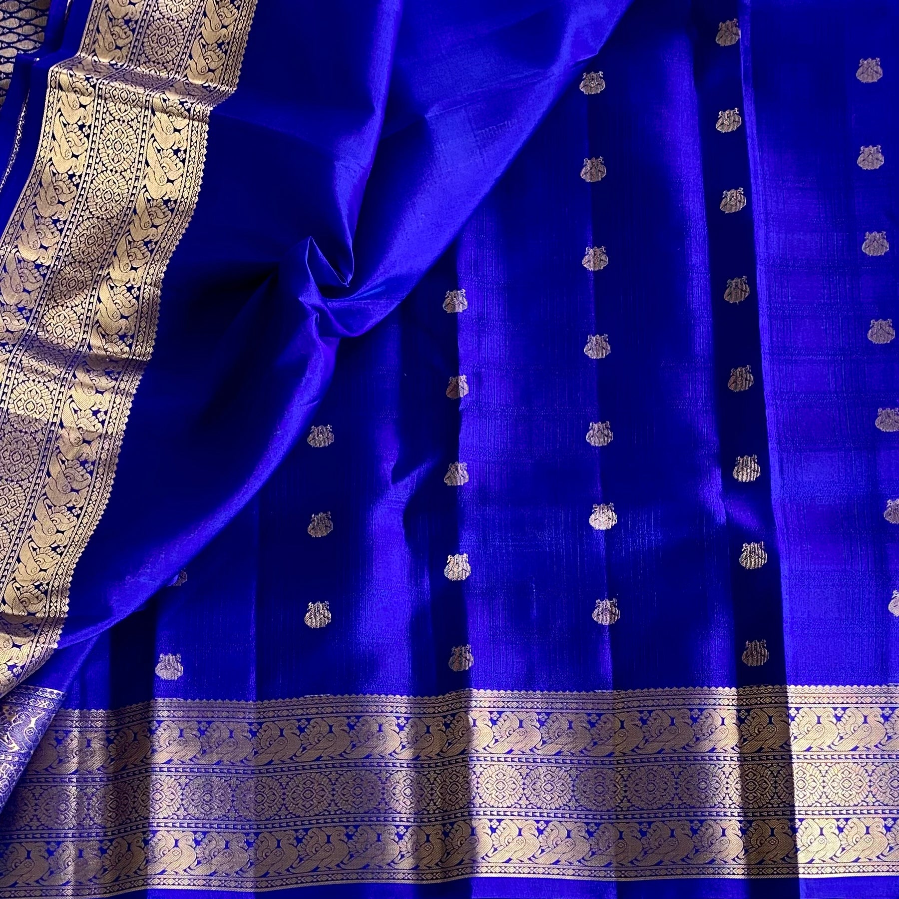 Royal Blue Designer Pure Silk Saree With Metallic Gold Brocade Border