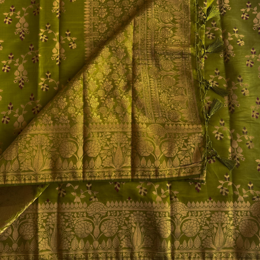 Chartreuse Green Banarasi Silk Saree Metallic Gold Brocade Pallu Border