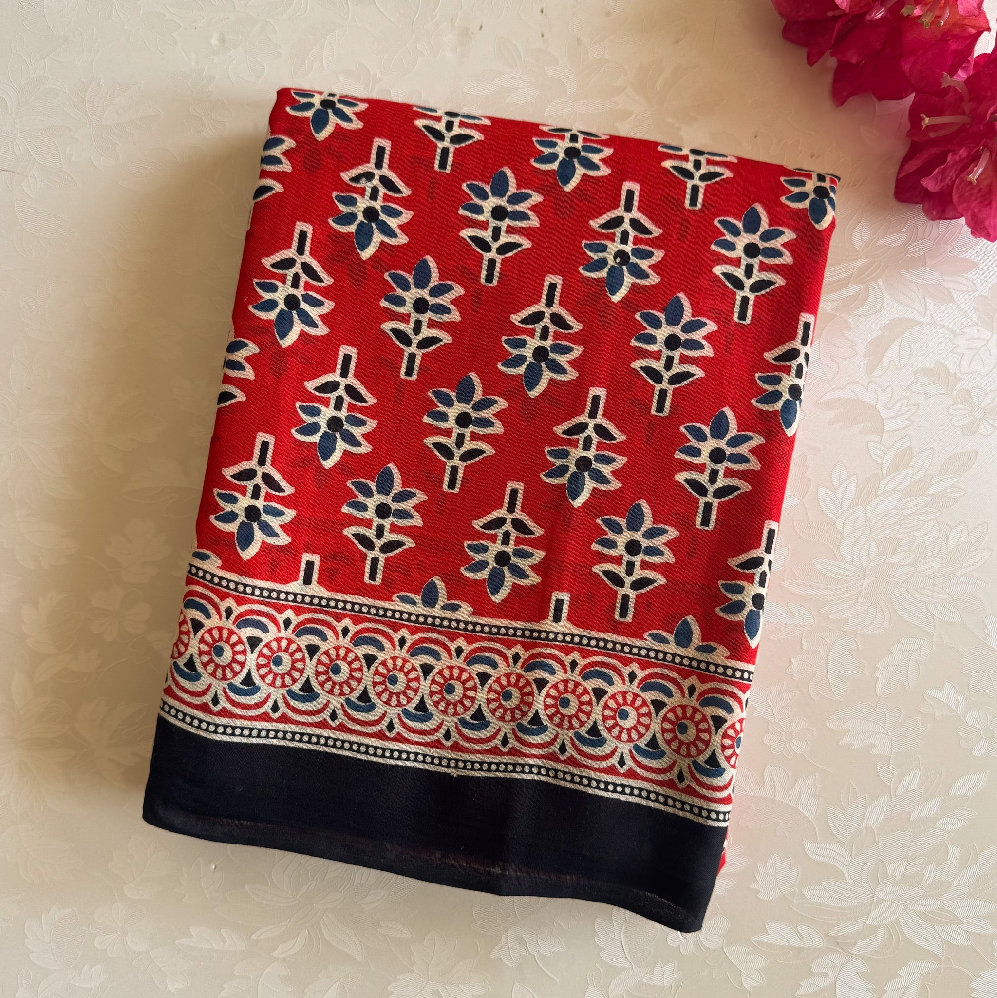 Scarlet Red Navy Pallu Printed Saree With Black Border