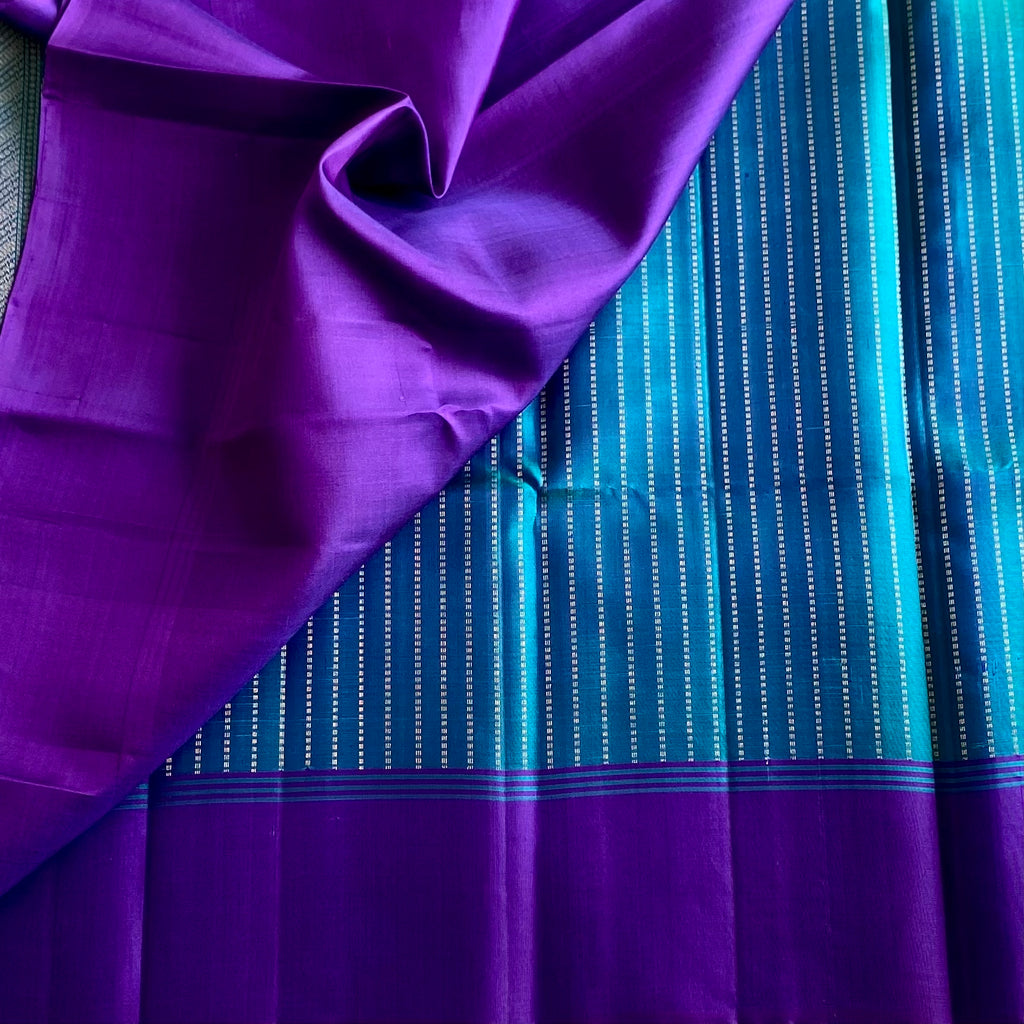 Turquoise Zari Stripes Designer Pure Silk with Cadbury Purple Pallu