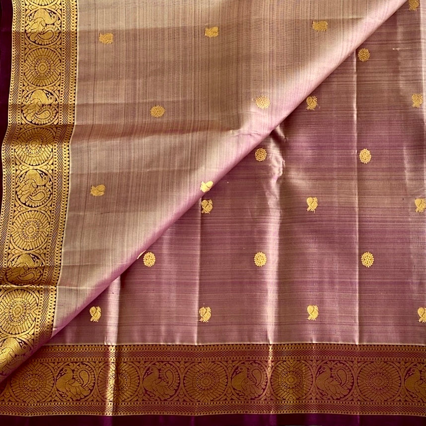 Dusty Mauve Kanjeevaram Pure Zari Silk With Royal Magenta Pallu