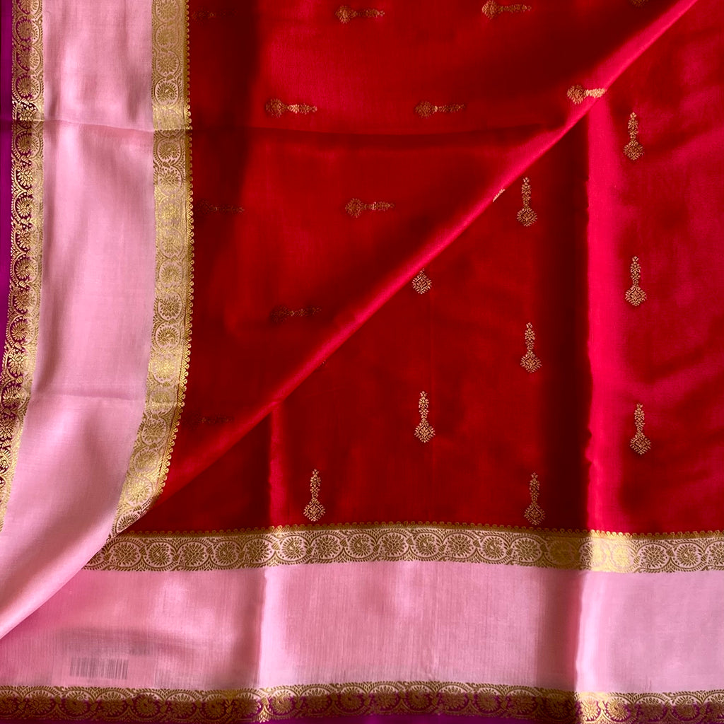 Royal Red Mysore Crepe Silk Saree With Powder Pink Pallu Gold Border