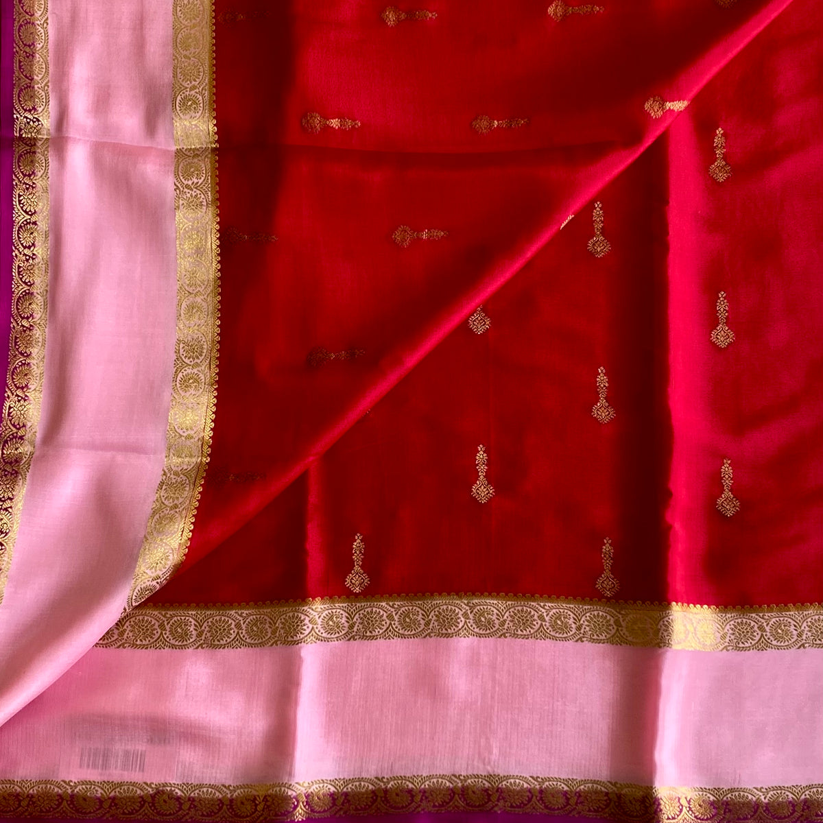 Royal Red Mysore Crepe Silk Saree With Powder Pink Pallu Gold Border