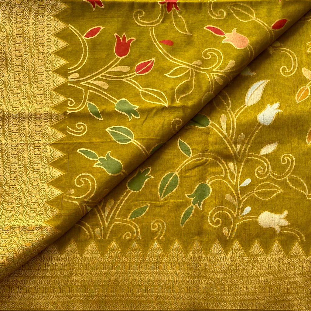 Olive Green Brocade Floral Saree With Gold Border Tassel Pallu