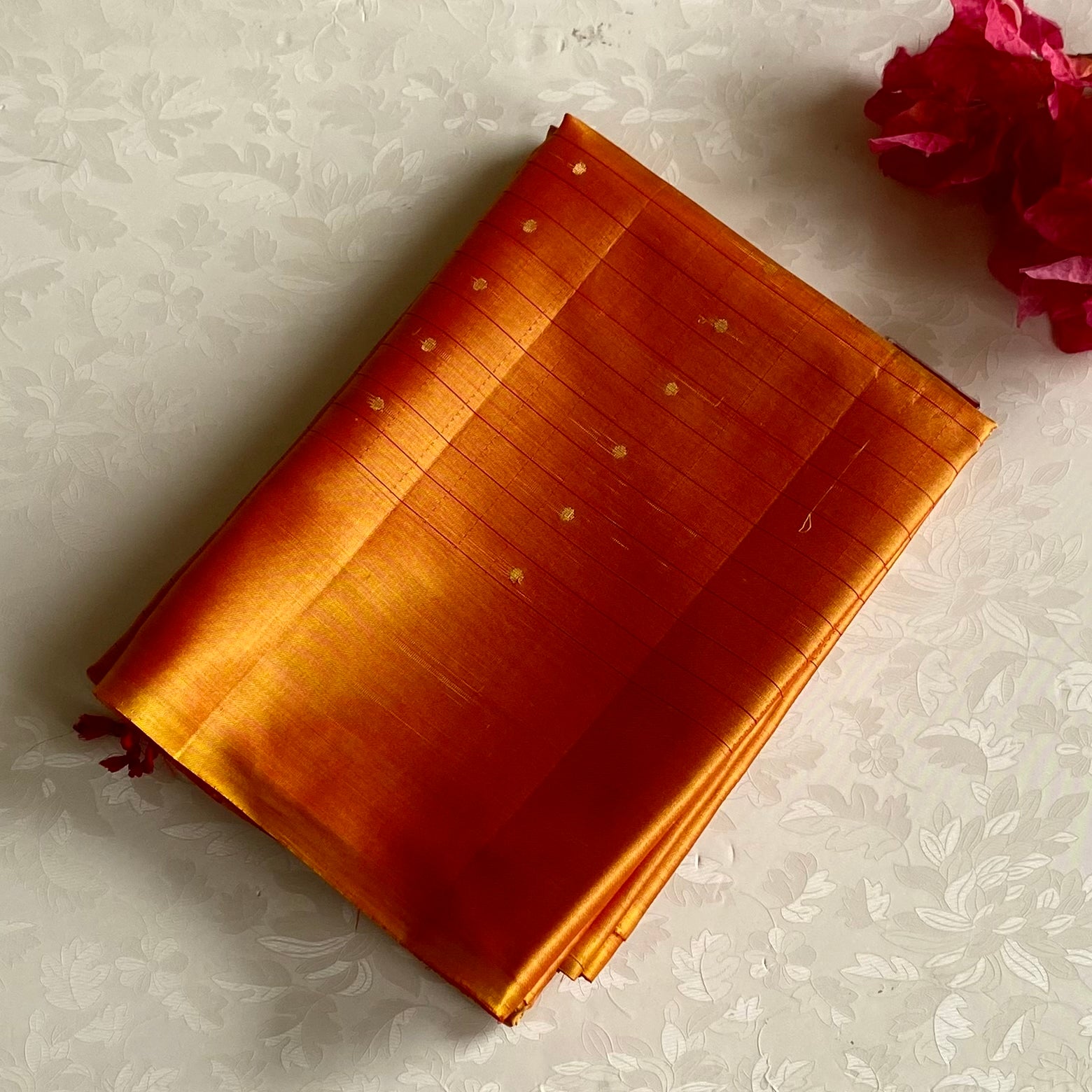 Saffron Orange Designer Pure Silk Saree With Crimson Red Pallu
