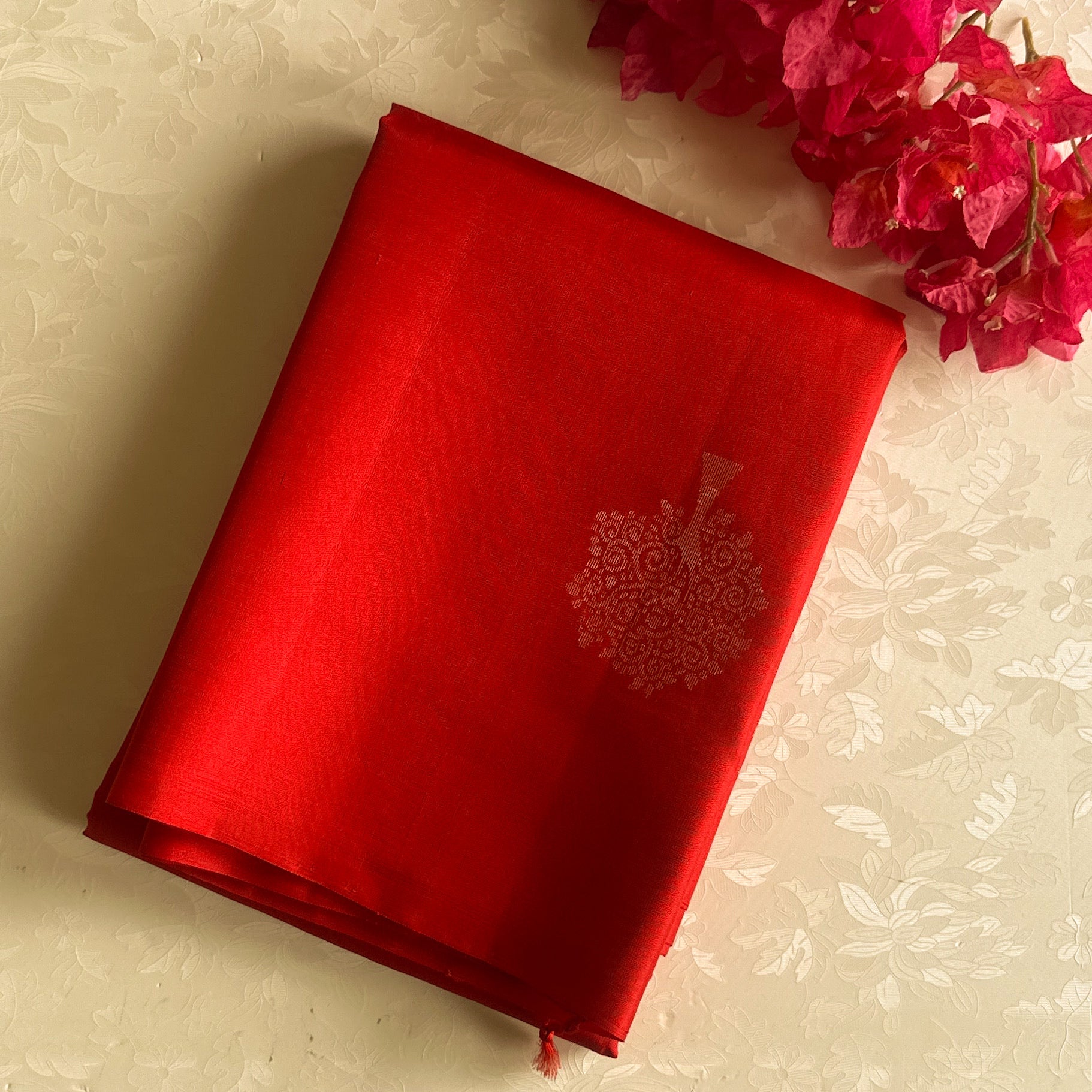 Scarlet Red Silk Saree Gold Brocade Medallion Tree Motifs