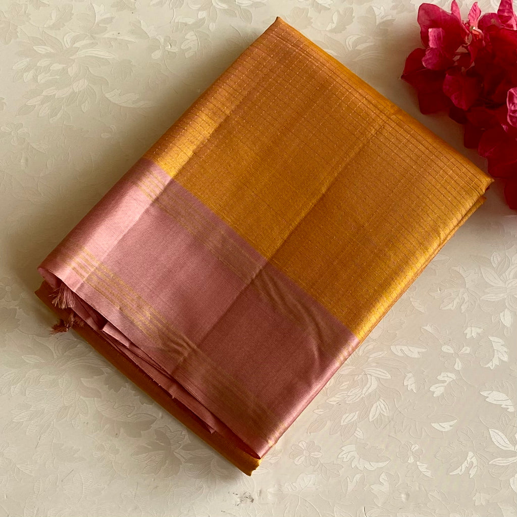Mustard Checkered Designer Pure Silk Saree With Dusty Rose Pallu