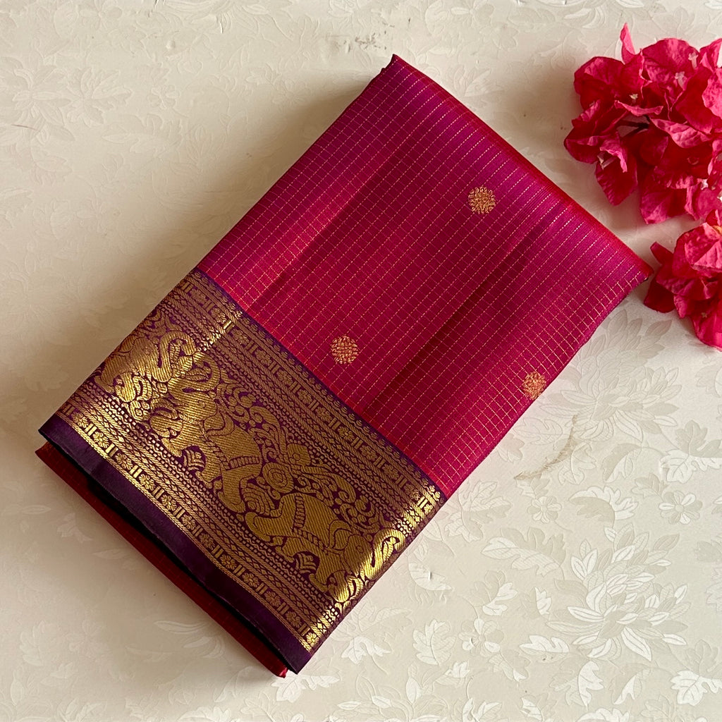 Wine Berry Pink Kanjeevaram Pure Zari Silk Saree With Royal Purple Pallu & Heritage Elephant Borders