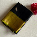 Jet Black Designer Pure Silk with Twin Buttas & Olive Green Contrast