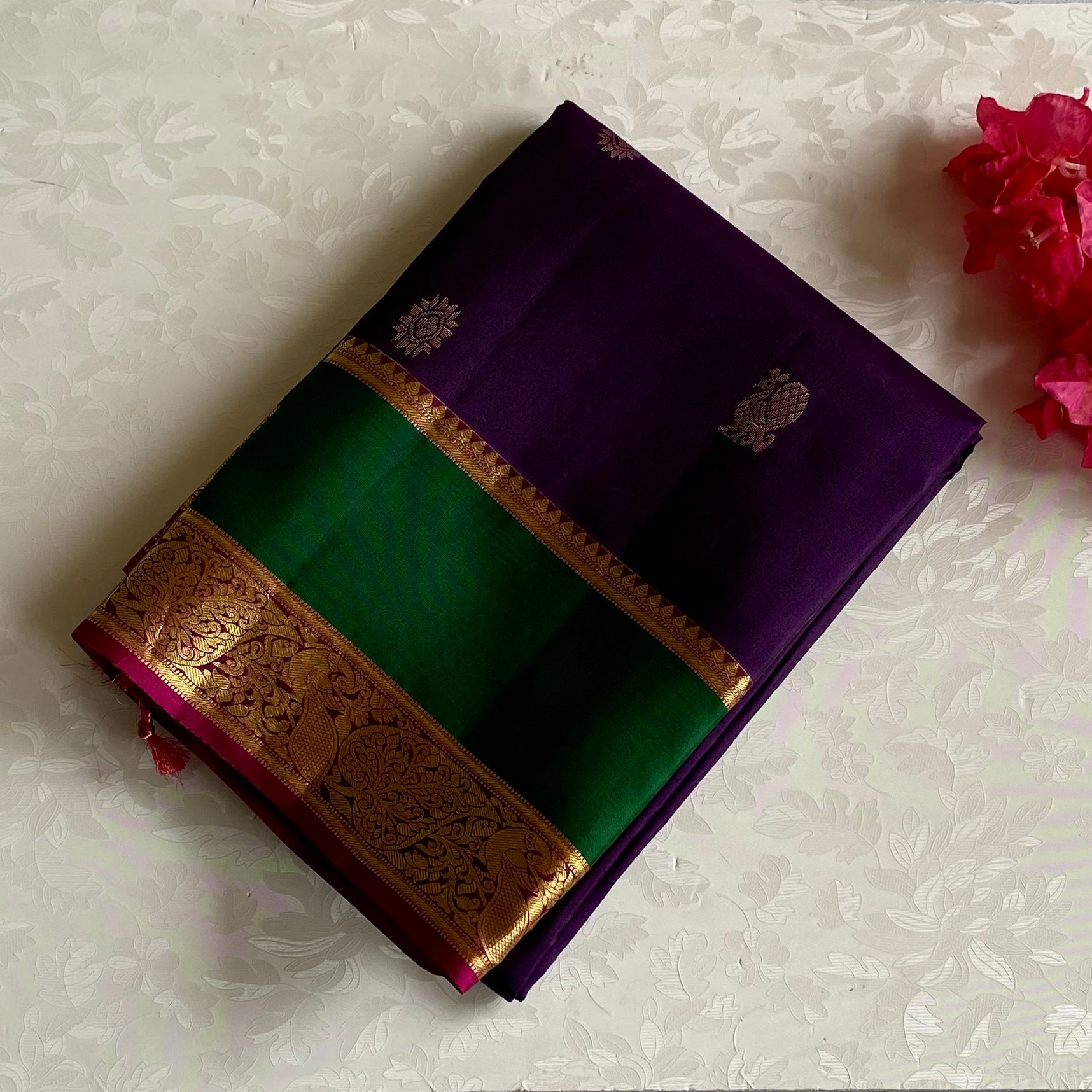 Royal Purple Designer Pure Silk Saree With Fuchsia Pink Pallu