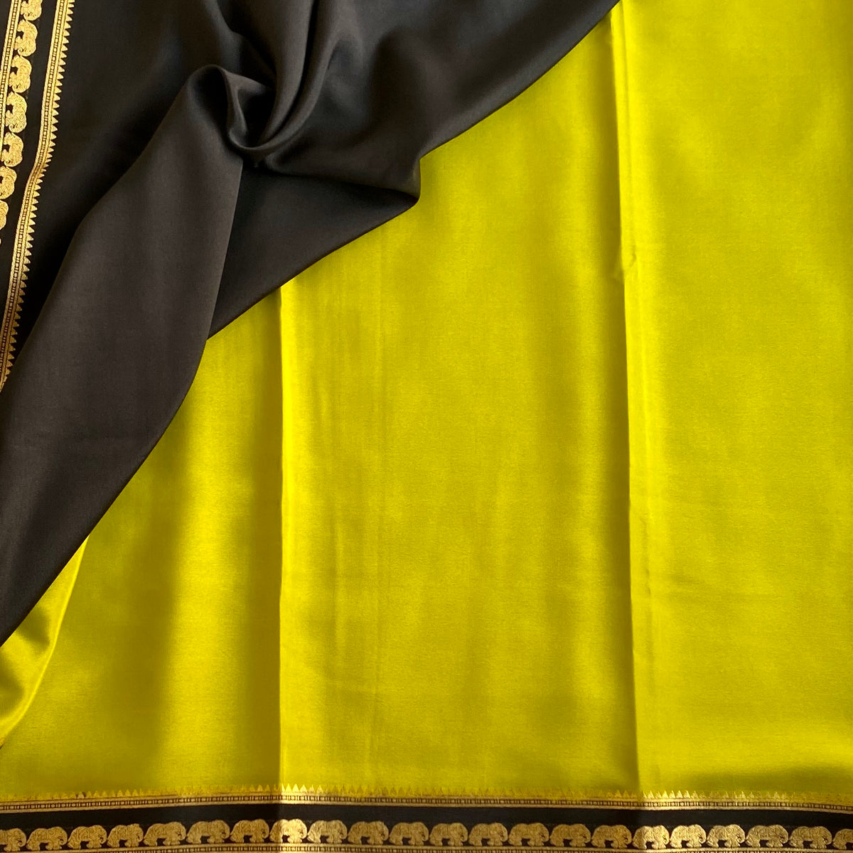 Chartreuse Green Mysore Crepe Silk Saree With Charcoal Black Elephant Border