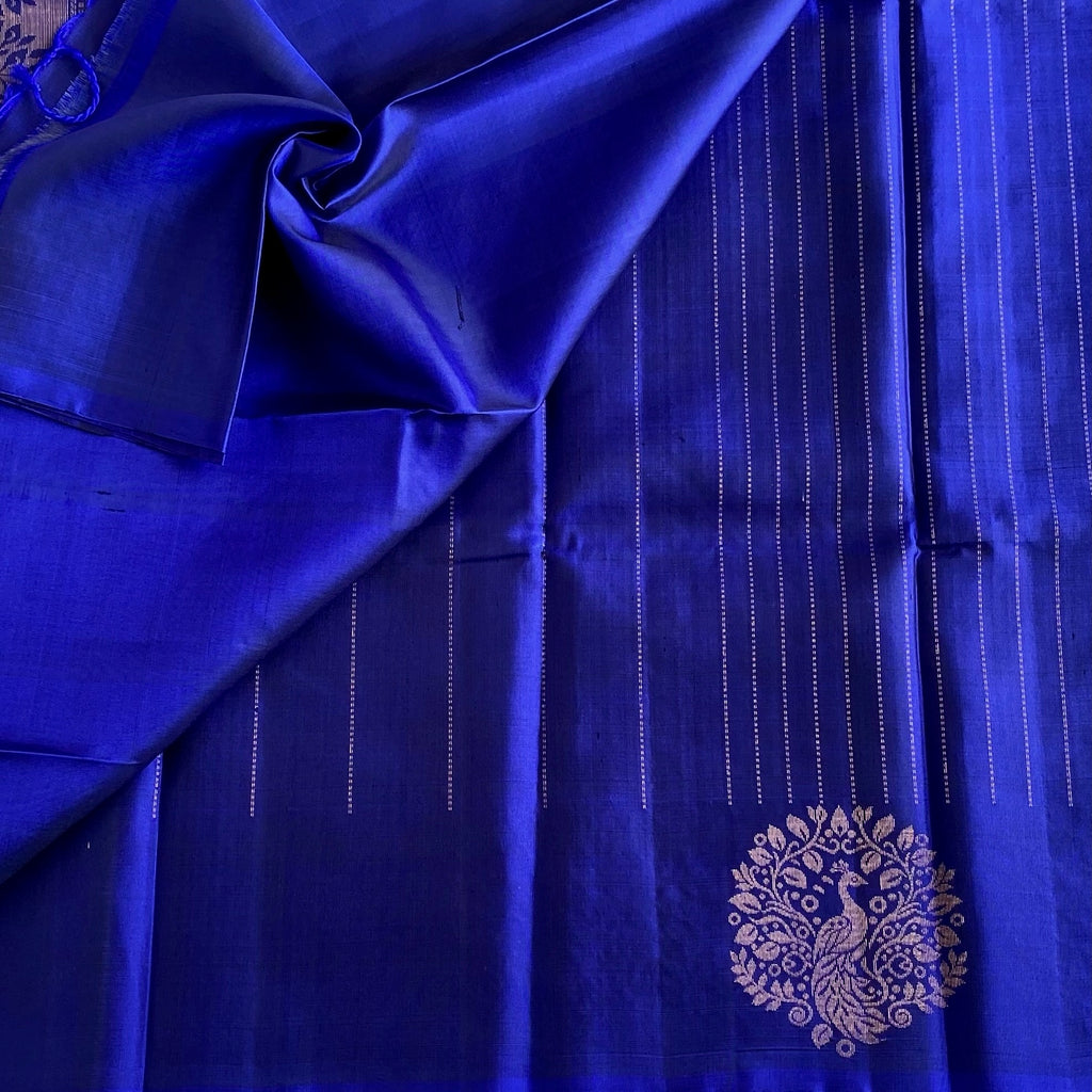 Royal Blue Designer Pure Silk Saree With Antique Gold Zari Border