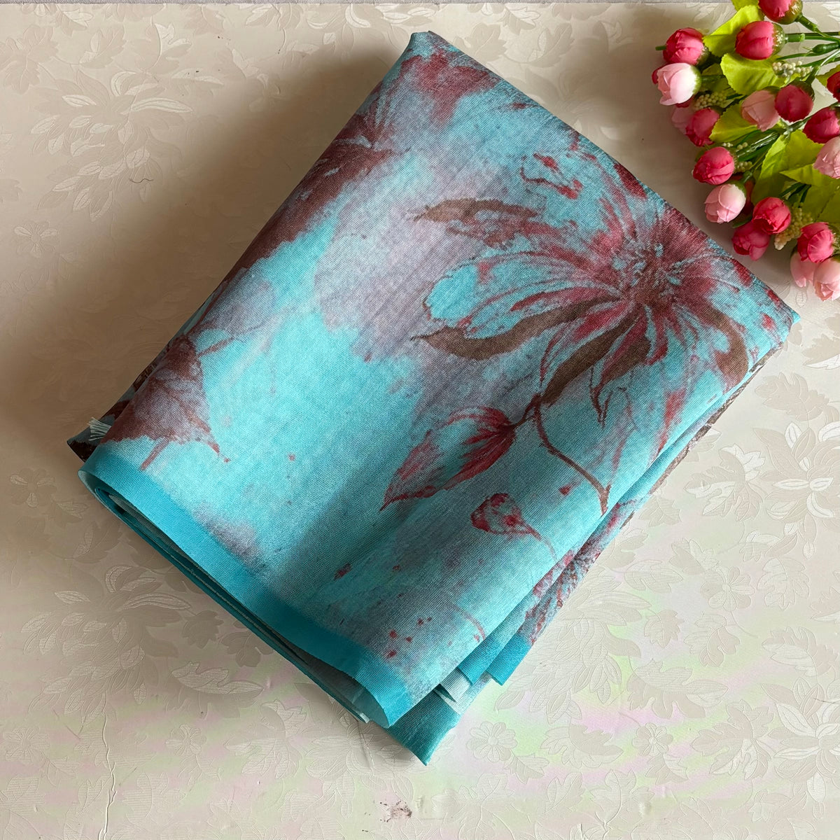 Aqua Blue Lightweight Printed Soft Tussar Saree With Floral Dreamy Prints