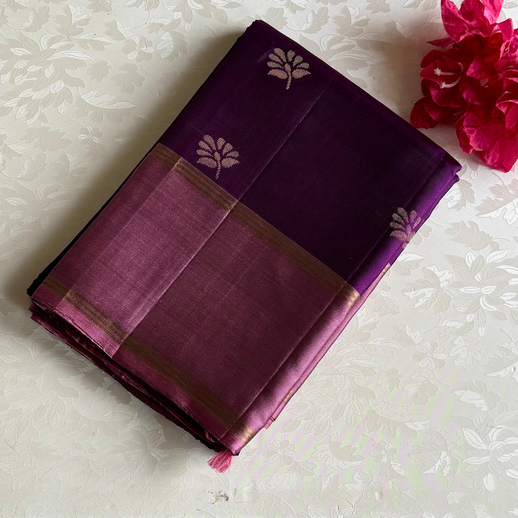 Plum Purple Designer Pure Silk Saree Dusty Rose Pallu Gold Zari Border