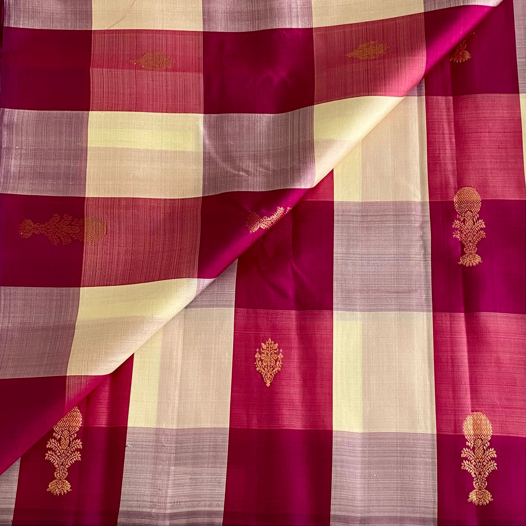 Berry Pink And Ivory Kanjeevaram Pure Zari Silk Saree With Zari Checks