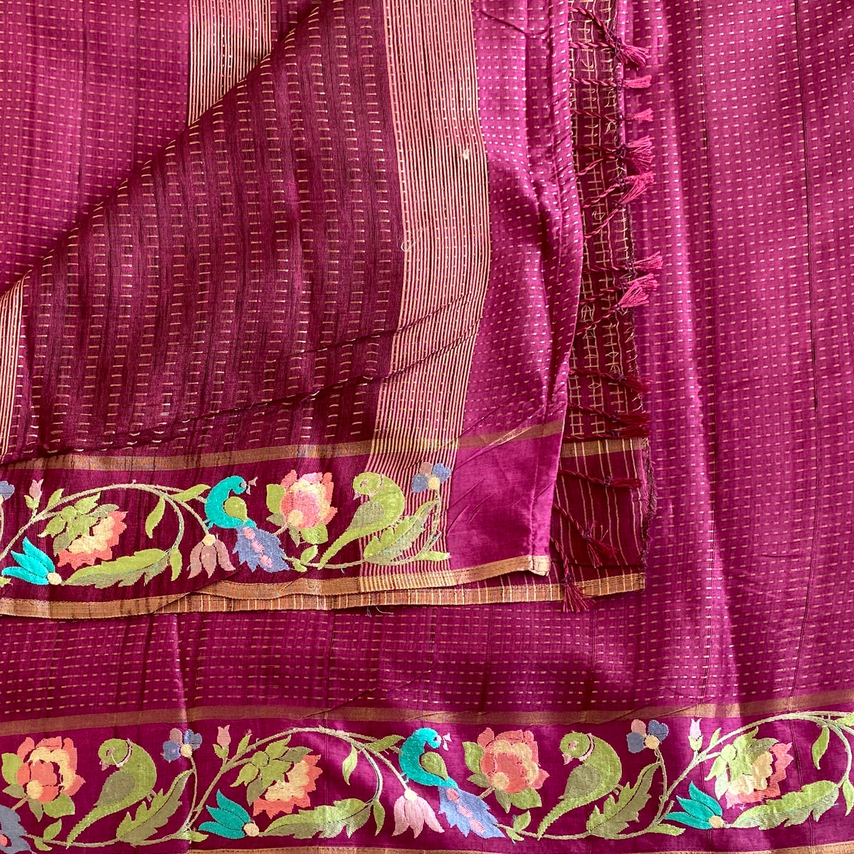 Deep Magenta Soft Tussar Silk Saree With Antique Gold Accents