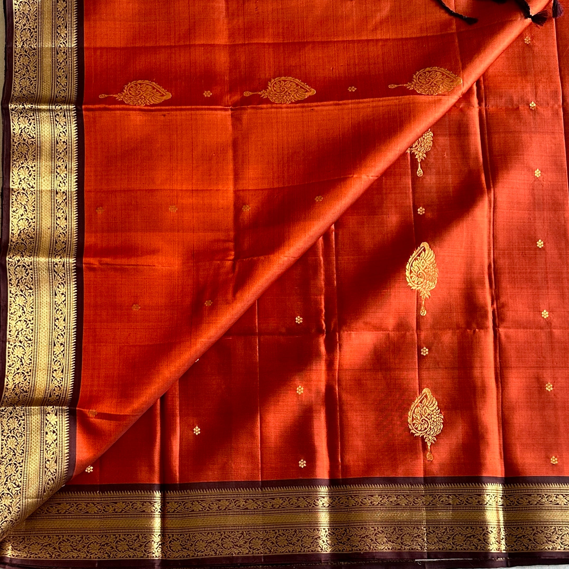 Rust Red Silk Saree with Purple Zari Pallu and Border