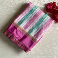 Mint Green, White and Pink Striped Soft Tussar Silk Saree With Rani Pink Border Gold Brocade