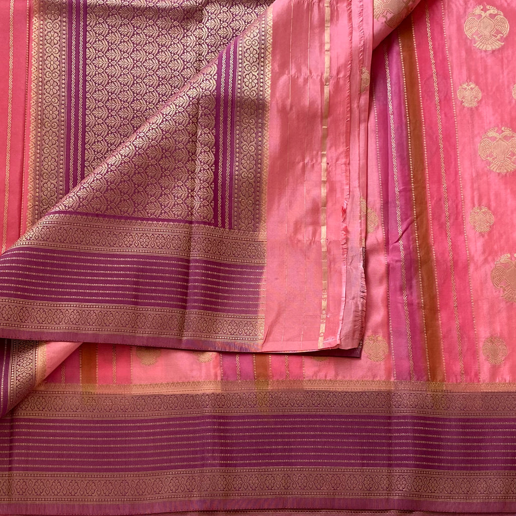 Coral Pink With Plum Soft Crepe Silk with Traditional Gandaberuna Buttas