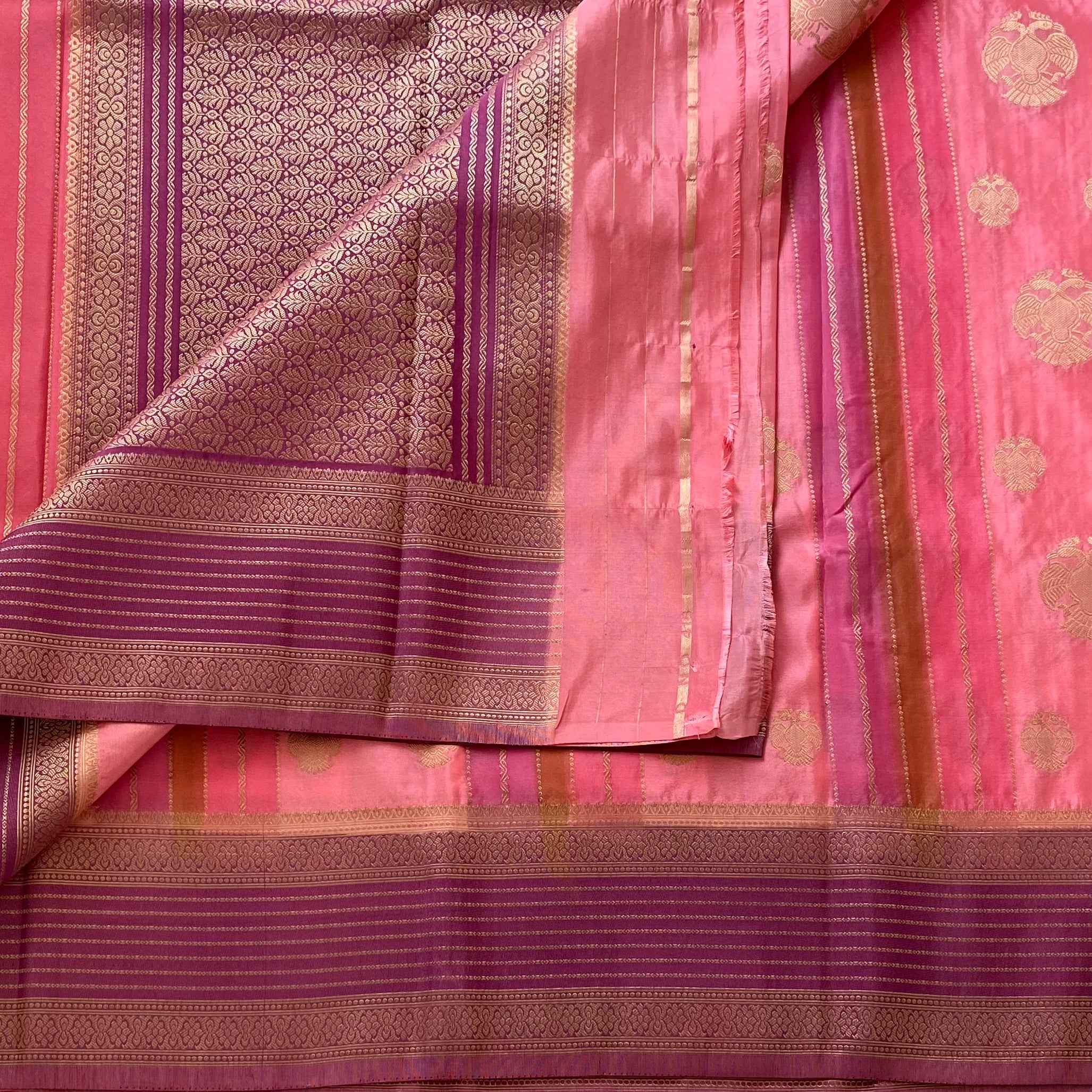 Coral Pink With Plum Soft Crepe Silk with Traditional Gandaberuna Buttas