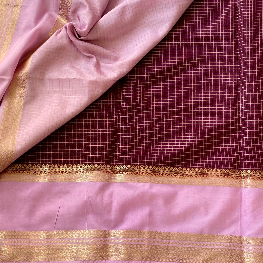 Traditional Maroon Pink Silk Saree With Gold Brocade Zari Border