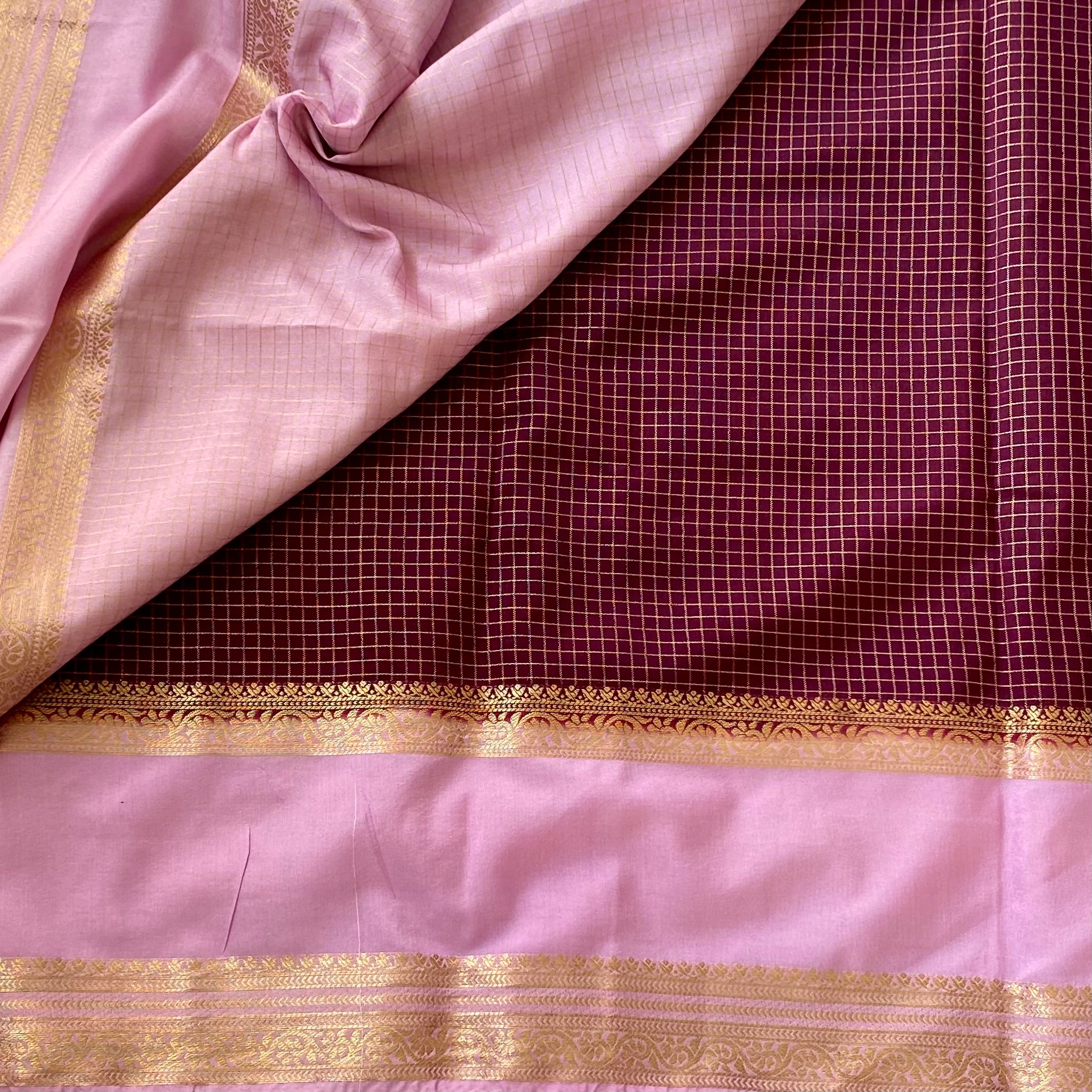 Traditional Maroon Pink Silk Saree With Gold Brocade Zari Border