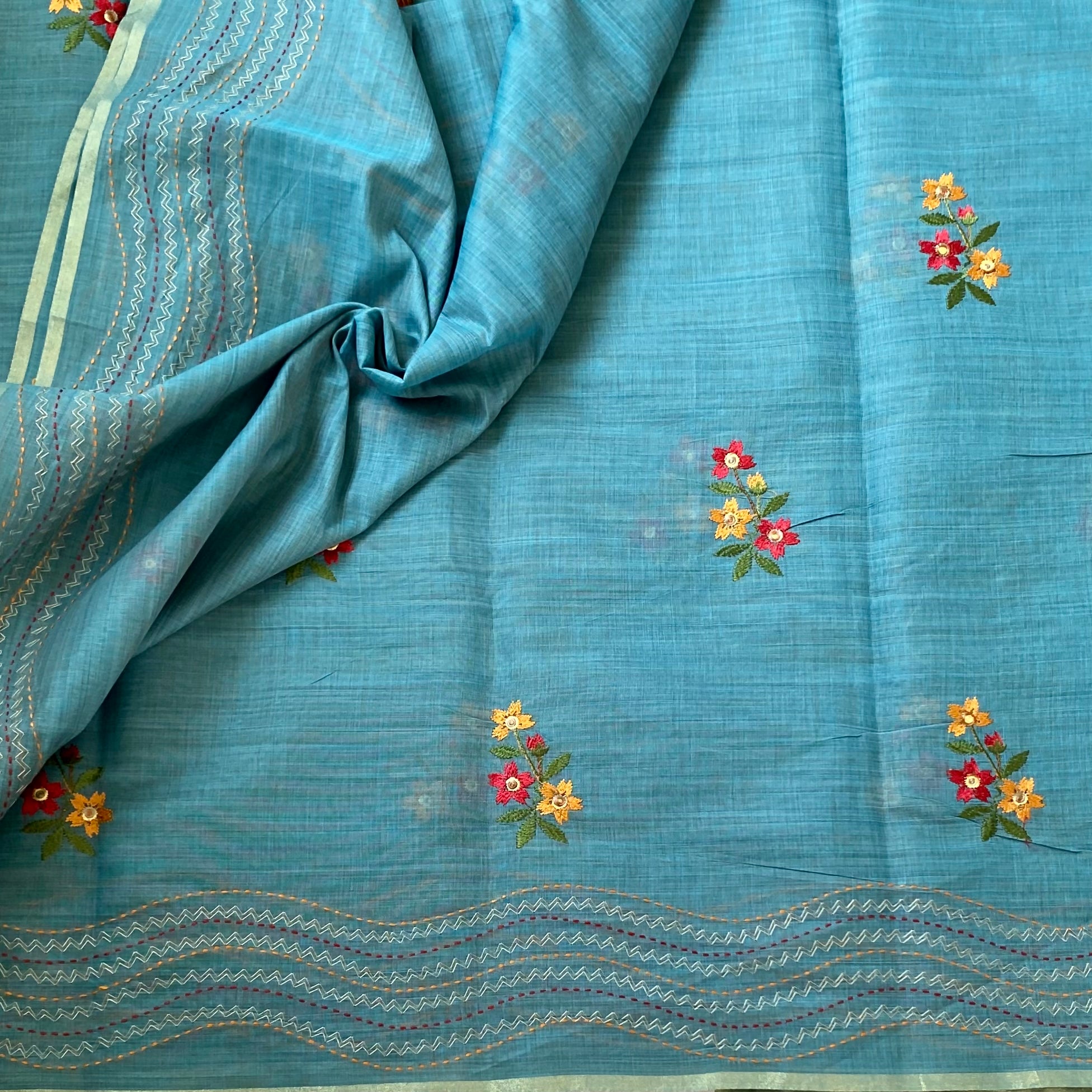 Turquoise Floral Embroidered Saree with Wavy Zari Pallu Tassels Lightweight