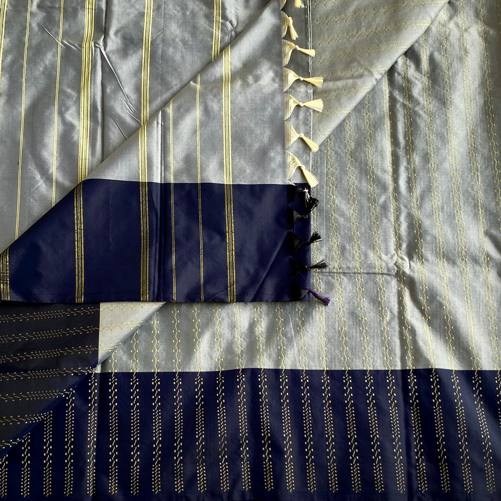 Silver Gray Soft Mixed Silk Saree Navy Blue Pallu Gold Stripes