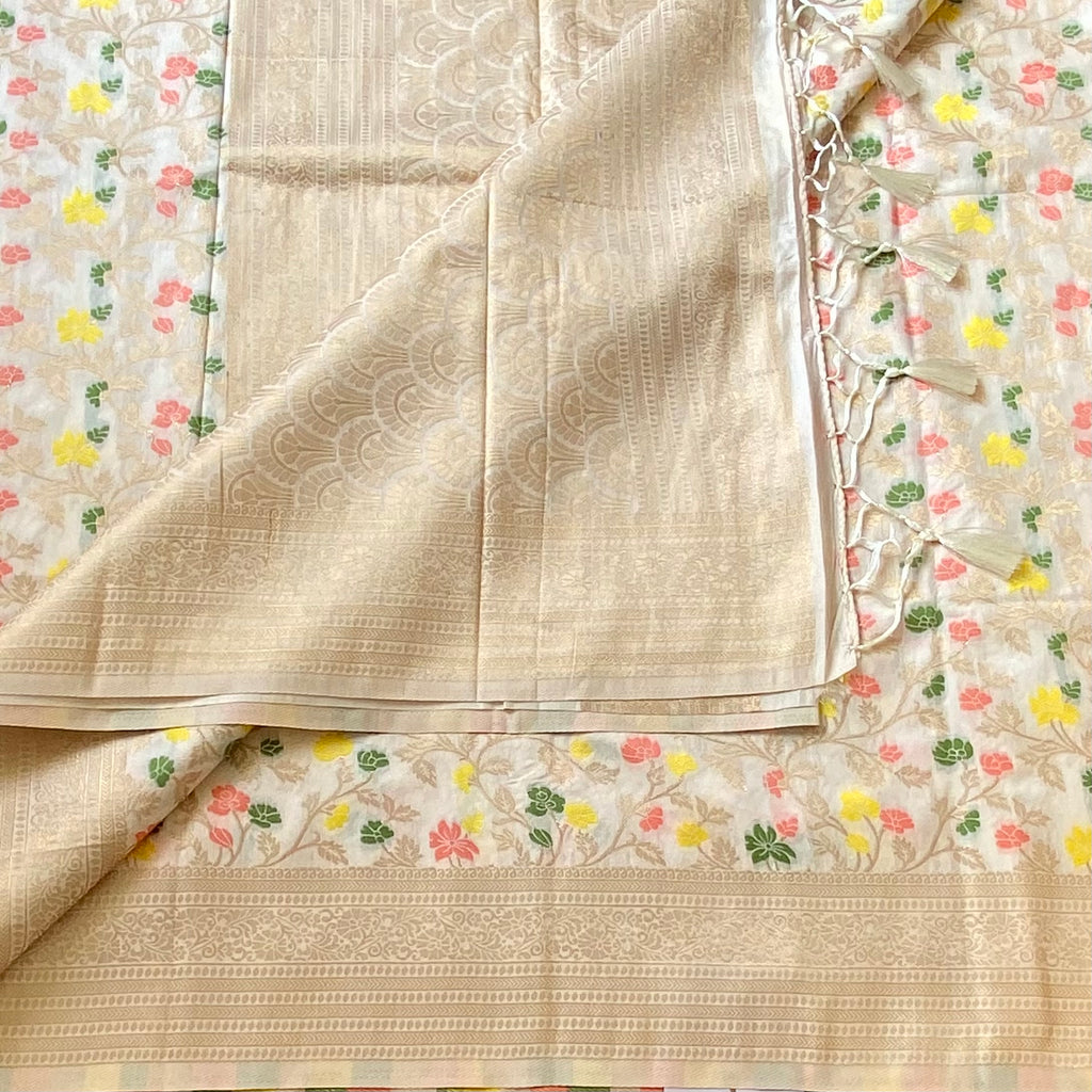 Champagne Gold Brocade Floral Saree With Woven Border Tassels