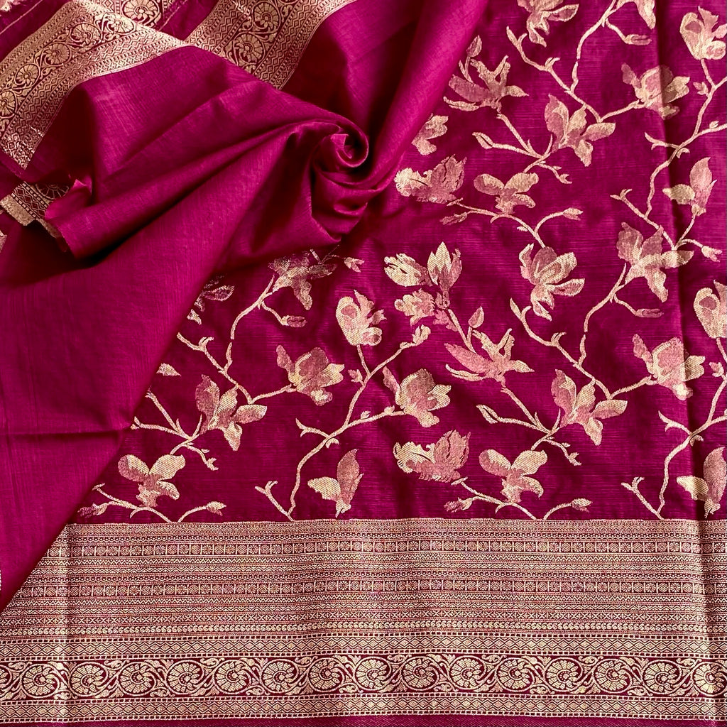 Claret Red Soft Tussar Silk Saree With Antique Gold Zari