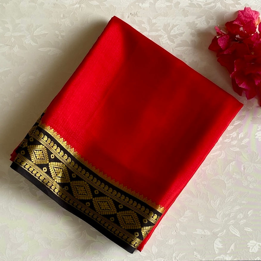 Scarlet Red Mysore Crepe Silk Saree With Jet Black Gold Border