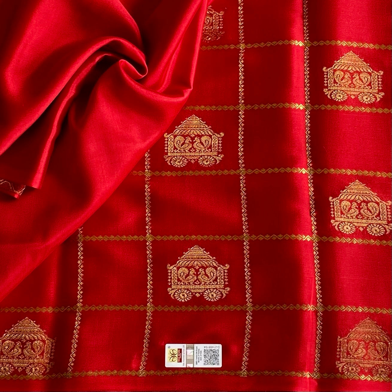 Scarlet Red Mysore Crepe Silk Saree With Metallic Gold Checks