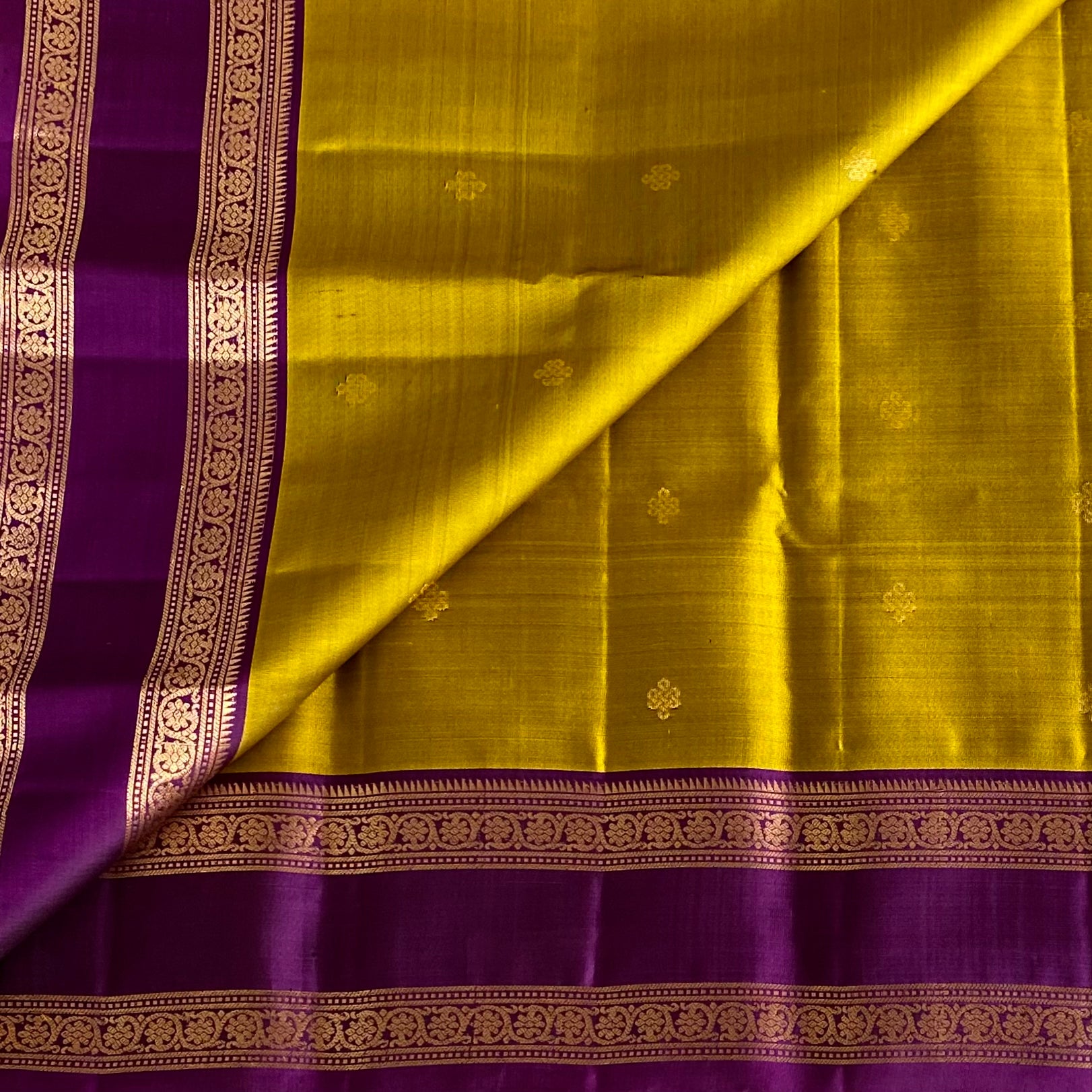 Lime Yellow With Purple And Rich Gold Kanchi Pure Silk Retta Petta Borders