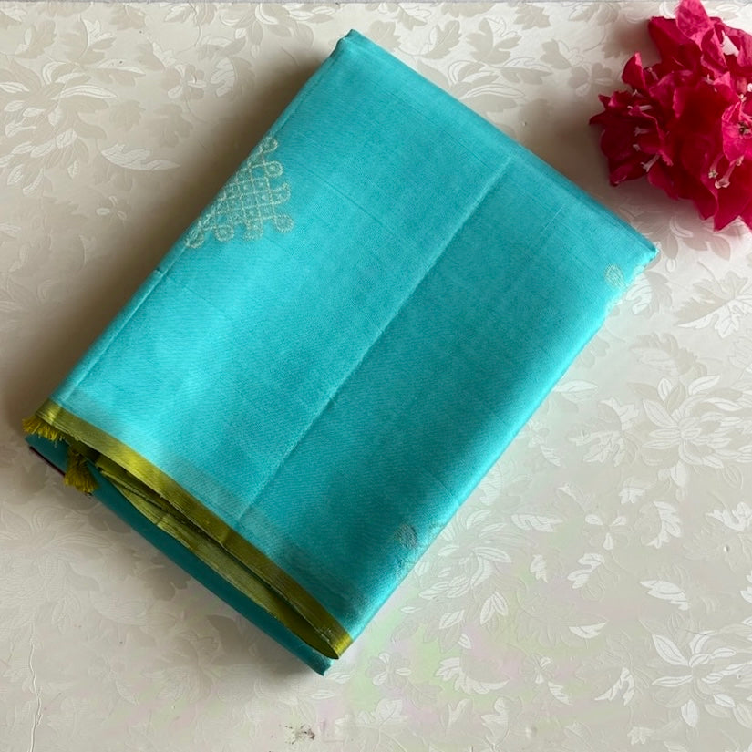 Sea Blue Kollam Designer Pure Silk Saree With Lime Green Pallu
