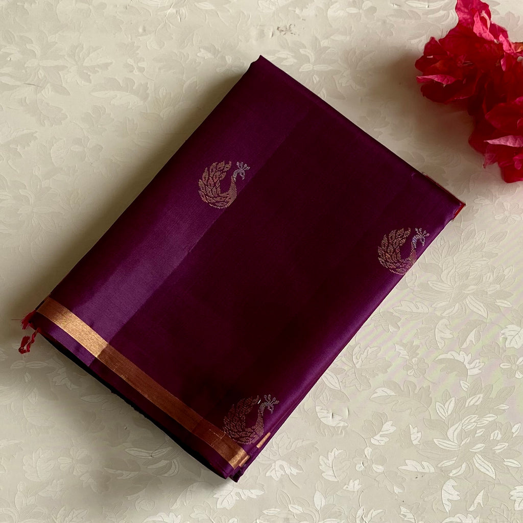 Deep Plum Designer Pure Silk Saree With Rani Pink Pallu
