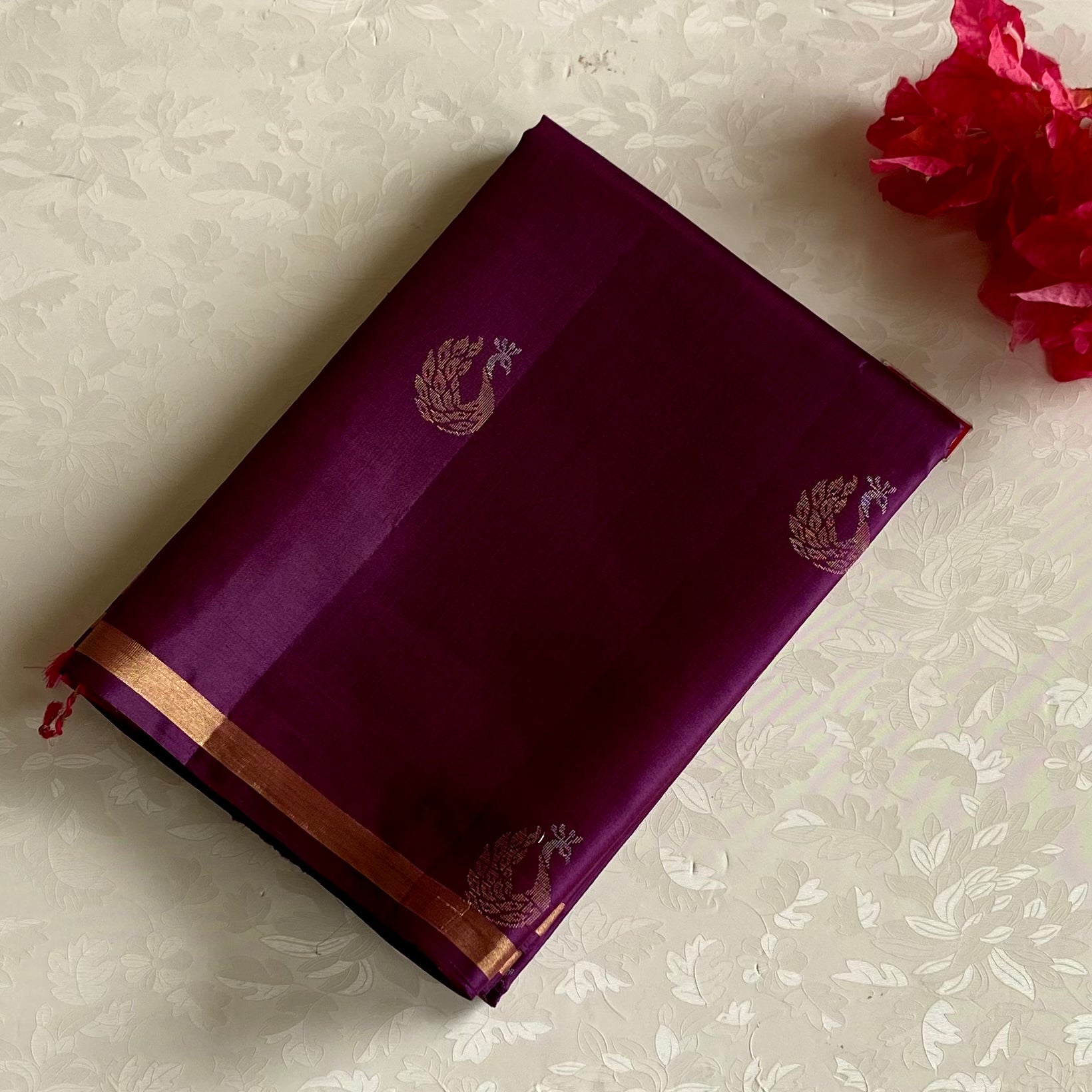 Deep Plum Designer Pure Silk Saree With Rani Pink Pallu