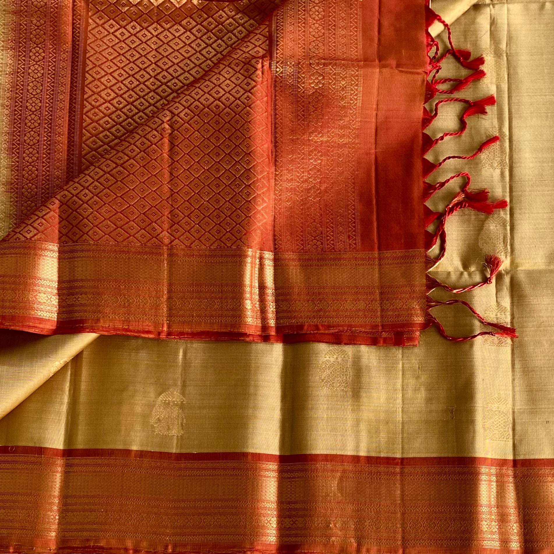 Antique Gold Designer Pure Silk Saree With Rust Orange Pallu