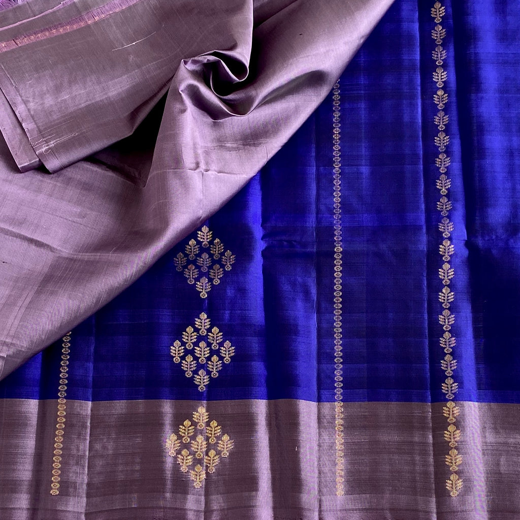 Deep Royal Blue Designer Pure Silk Saree With Mauve Grey Pallu