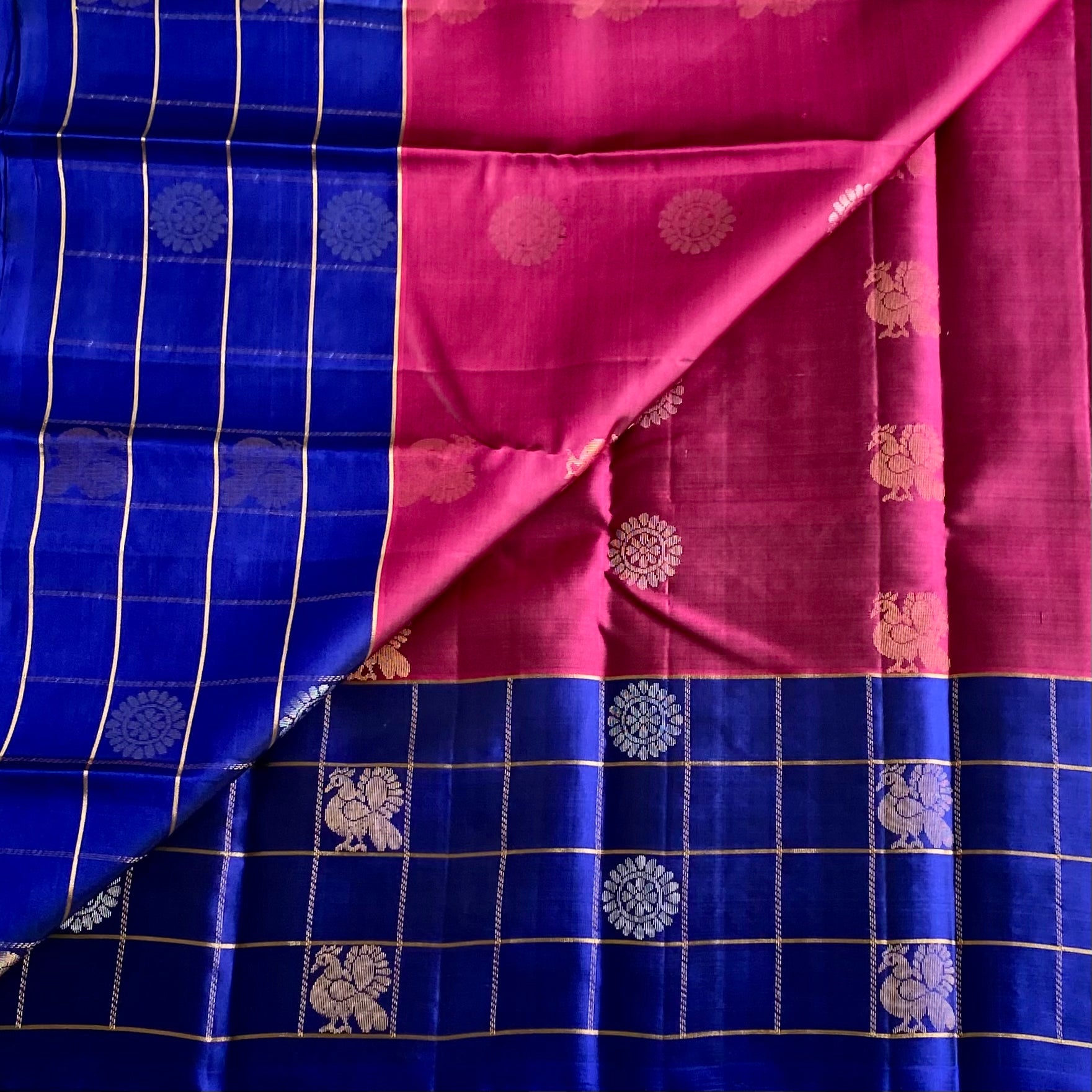 Berry Pink Designer Pure Silk Saree With Lapis Blue Pallu