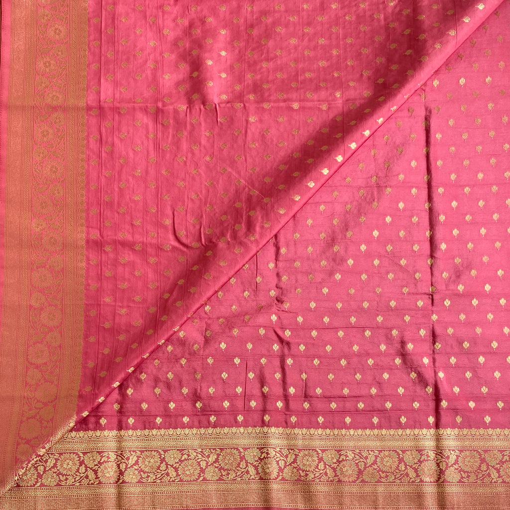 Rose Pink Soft Crepe Silk Saree With Maroon Pallu And Gold Zari