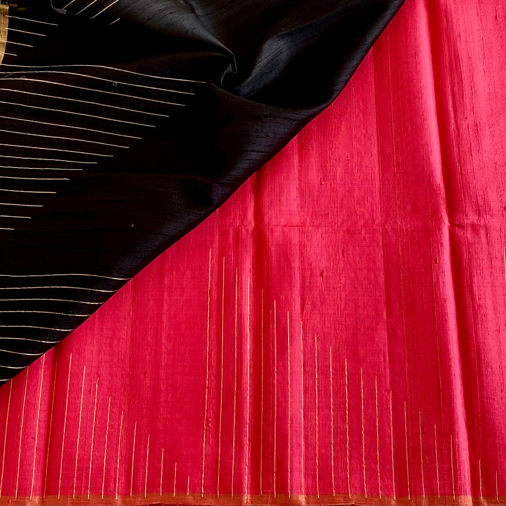 Peach Pink Designer Pure Raw Silk Saree With Jet Black Pallu Gold Stripes